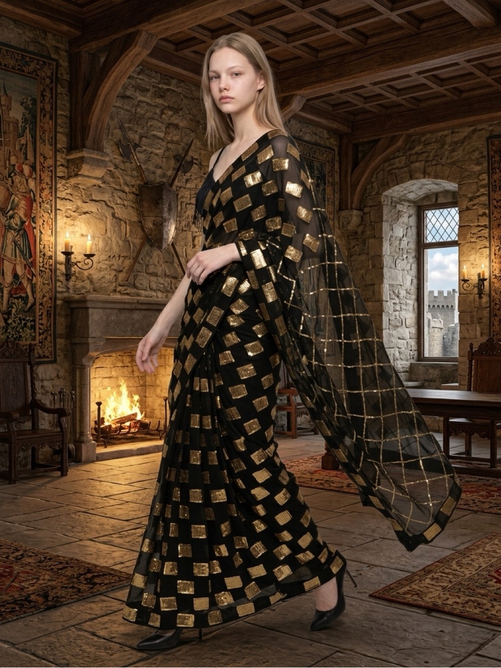 Party Sequin Wrap Dress - Black and Gold
